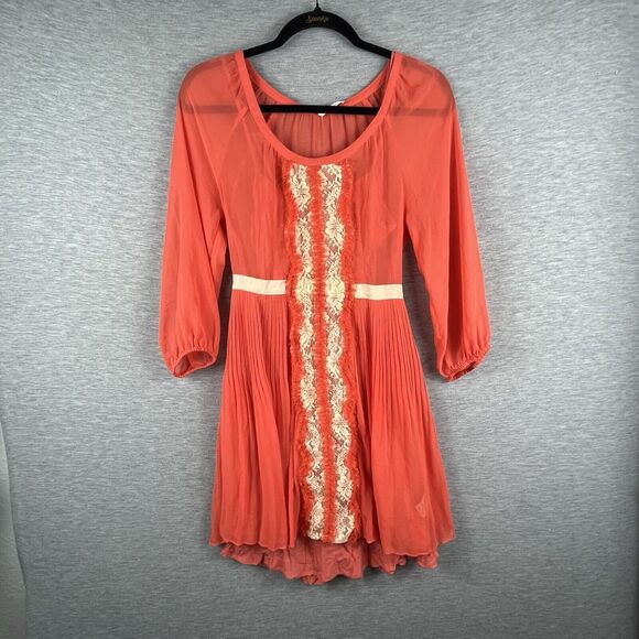 Free People Womens Dress Orange Chiffon 2 With Slip Sheer Boho 60s Lace Pleated - Picture 1 of 11